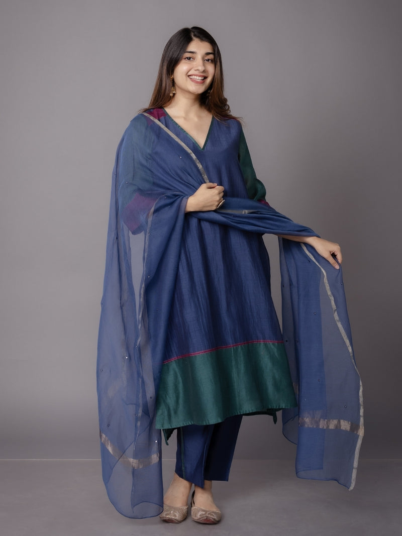 Cobalt Blue Solid Zari Silk Net Dupatta with Hand Embroidery