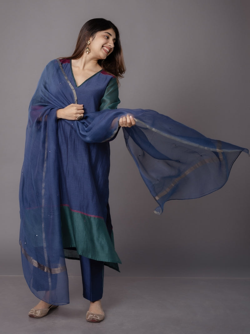 Cobalt Blue Solid Zari Silk Net Dupatta with Hand Embroidery
