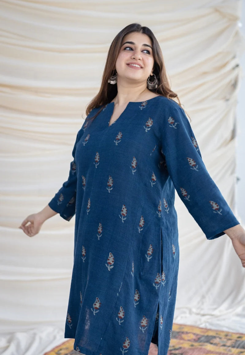 Hitanshi Slub Cotton Indigo Short Kurta