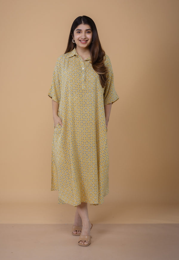 Risha Yellow Ajrakh Modal Silk A Line Dress