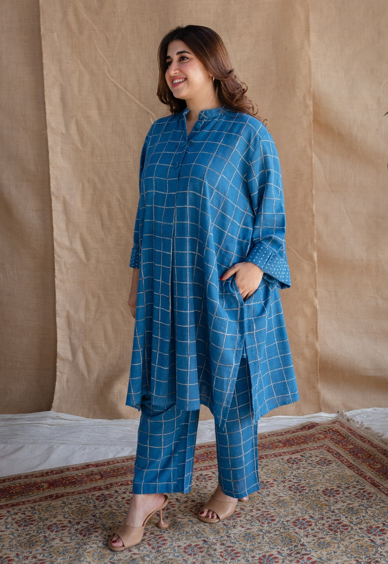 Riham Blue Loose Dabu Slub Cotton Co-ord Set (Set of 2)