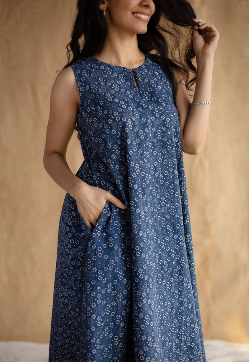 Nafrin Indigo Ajrakh Cotton A Line Dress