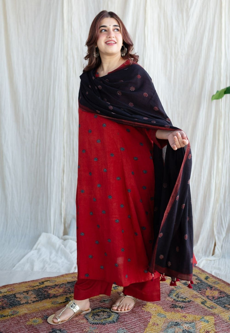 Kamal Charcoal Ajrakh MulMul Handblock Printed Dupatta