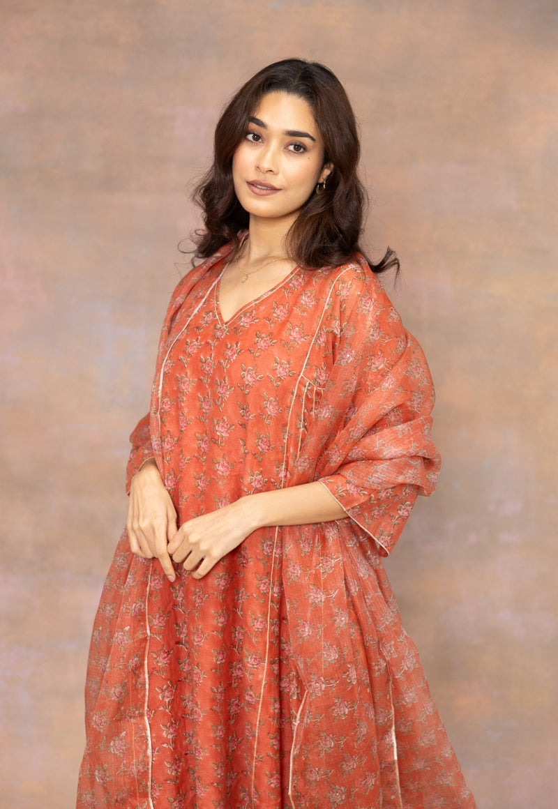 Rosa Orange Sanganeri Chanderi Silk Kali Kurta with Lace Detailing and Slip