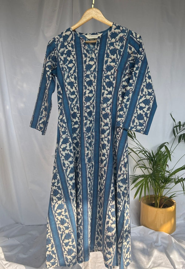 Malika Blue Dabu Slub Cotton Kali Kurta