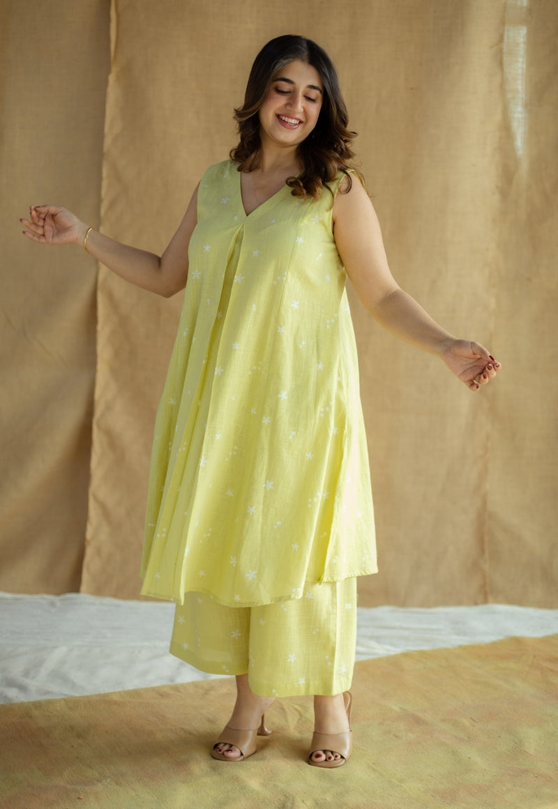 Raahi Lime Green Hand Block Print Slub Cotton A Line Co-Ord Set