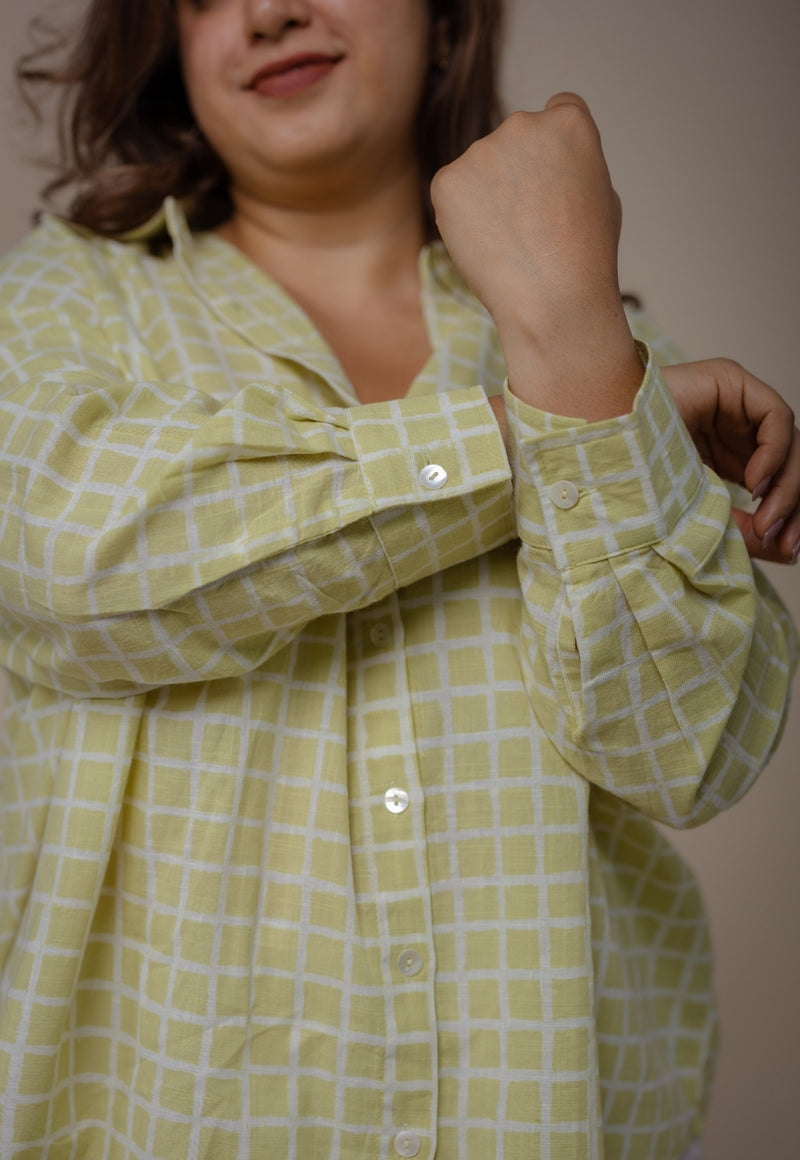 Ruhi Green Hand Block Print Slub Cotton Anti-Fit Shirt