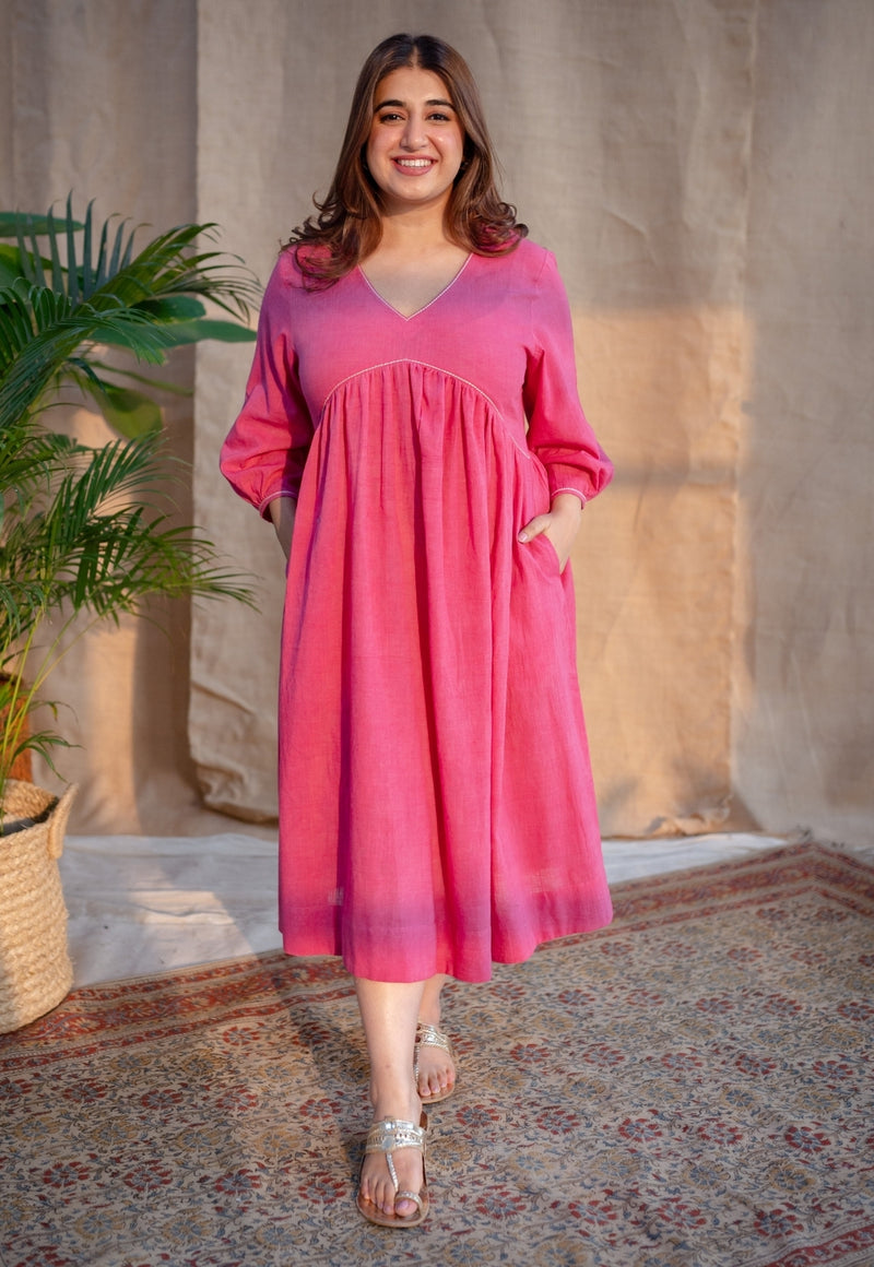 Jenifa Pink A Line Slub Cotton Dress with Embroidery