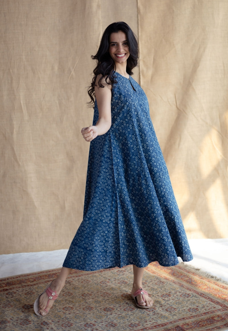 Nafrin Indigo Ajrakh Cotton A Line Dress