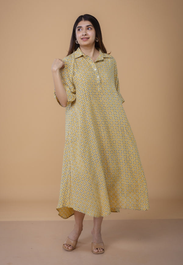 Risha Yellow Ajrakh Modal Silk A Line Dress