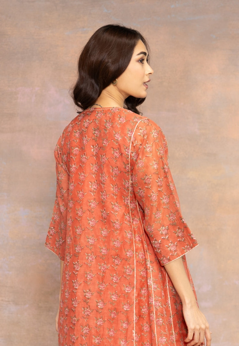 Rosa Orange Sanganeri Chanderi Silk Kali Kurta with Lace Detailing and Slip