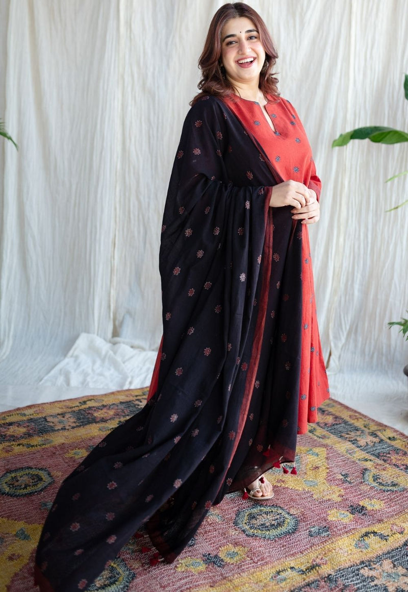 Kamal Charcoal Ajrakh MulMul Handblock Printed Dupatta