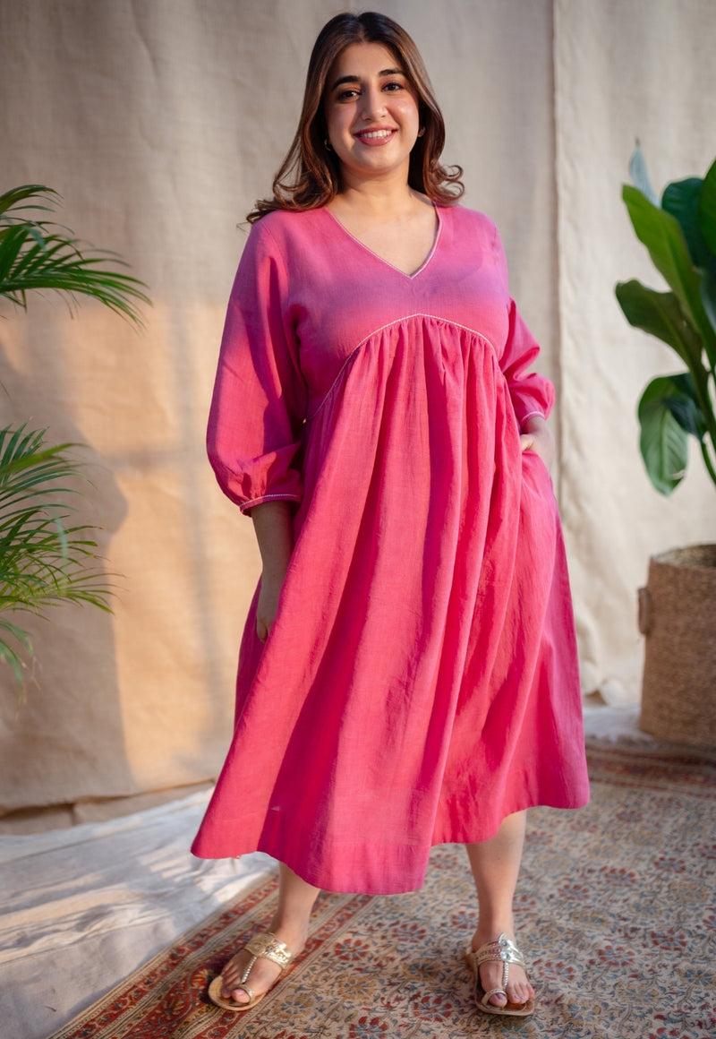 Jenifa Pink A Line Slub Cotton Dress with Embroidery