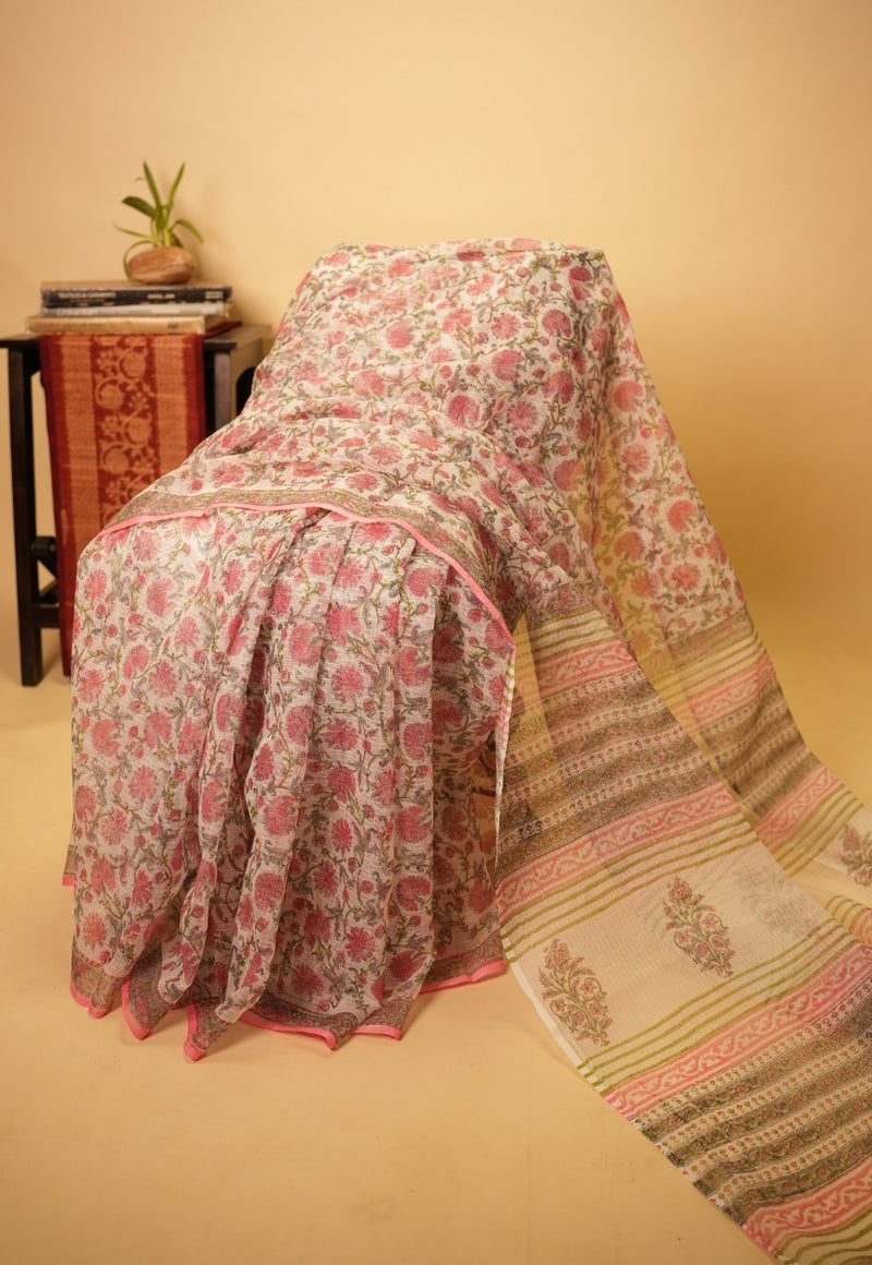Pink Floral Sanganeri Hand Block Print Kota Doria Saree