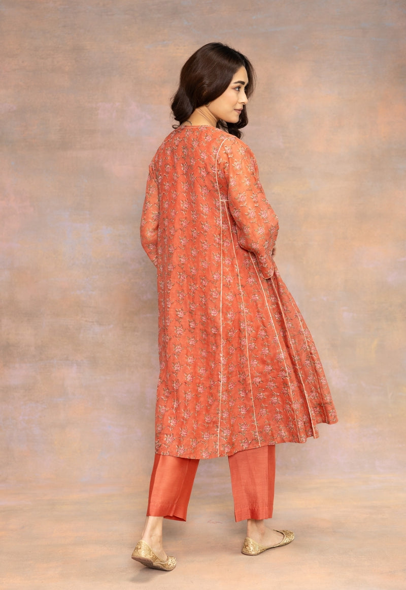 Rosa Orange Sanganeri Chanderi Silk Kali Kurta with Lace Detailing and Slip