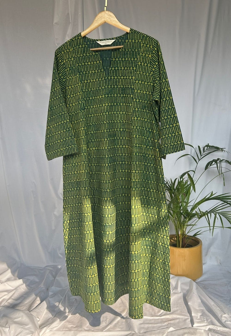 Malika Green Dabu Cotton Kali Kurta