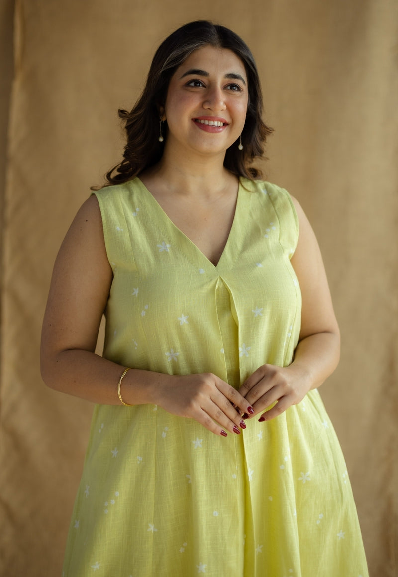 Raahi Lime Green Hand Block Print Slub Cotton A Line Co-Ord Set