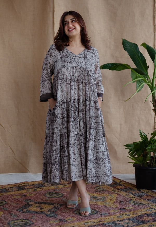 Anayat Charcoal Batik MulMul Cotton A Line Dress