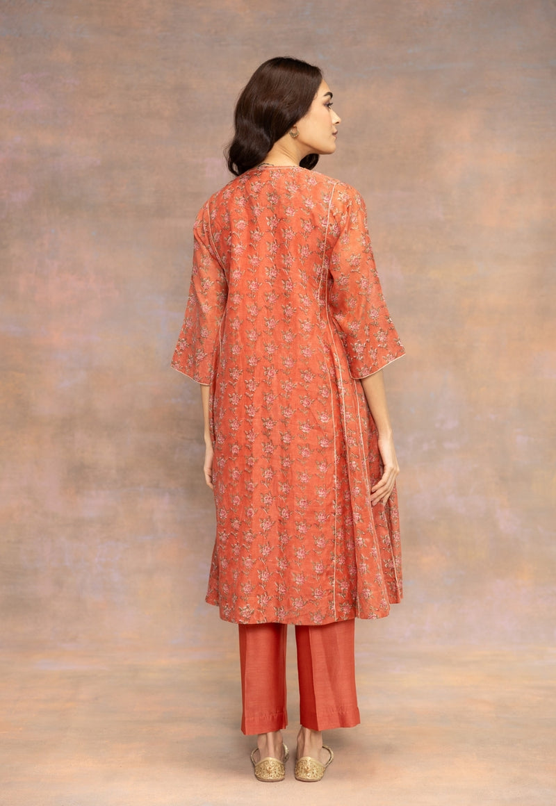 Rosa Orange Sanganeri Chanderi Silk Kali Kurta with Lace Detailing and Slip