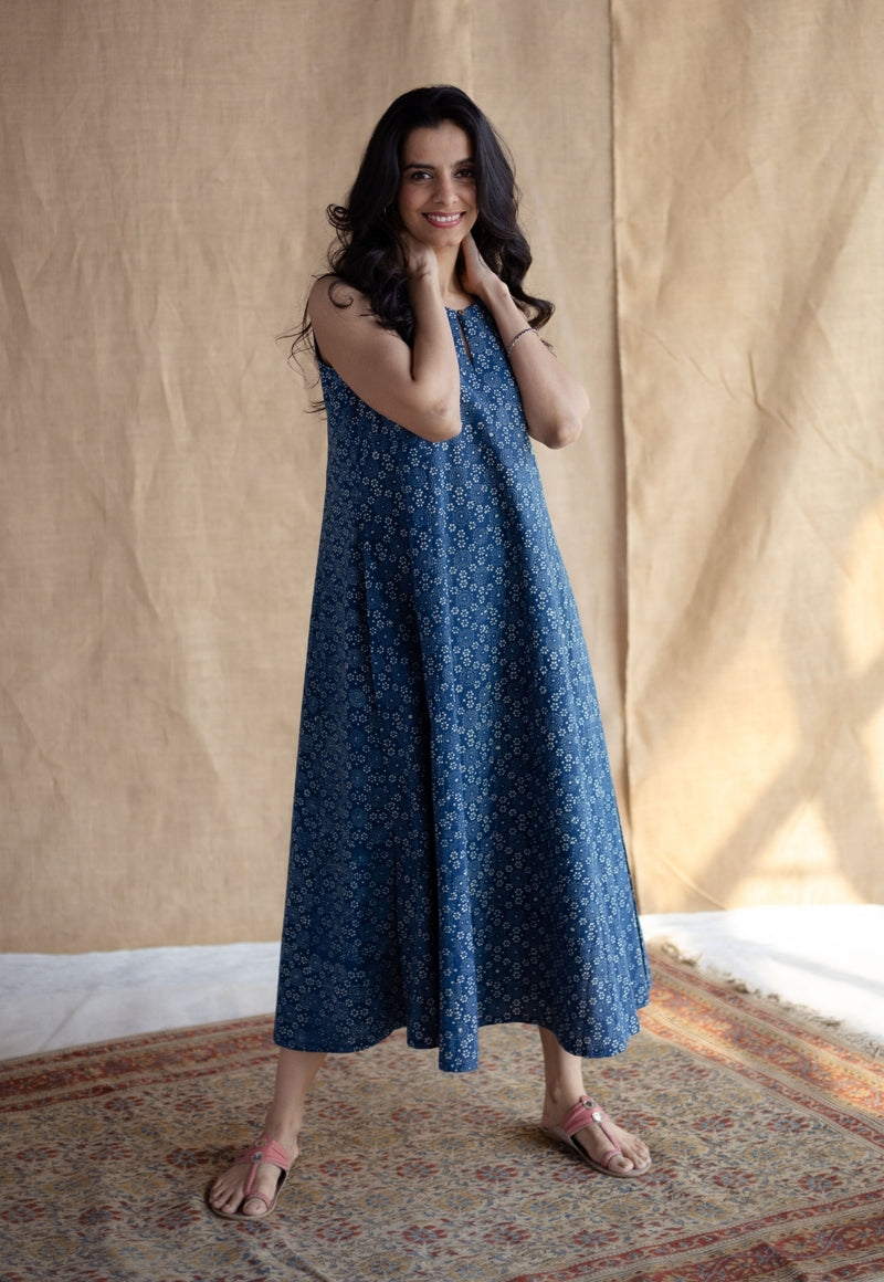 Nafrin Indigo Ajrakh Cotton A Line Dress