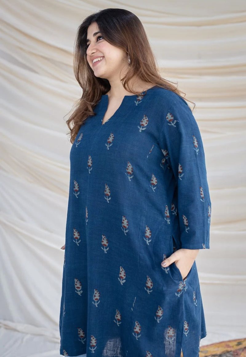 Hitanshi Slub Cotton Indigo Short Kurta