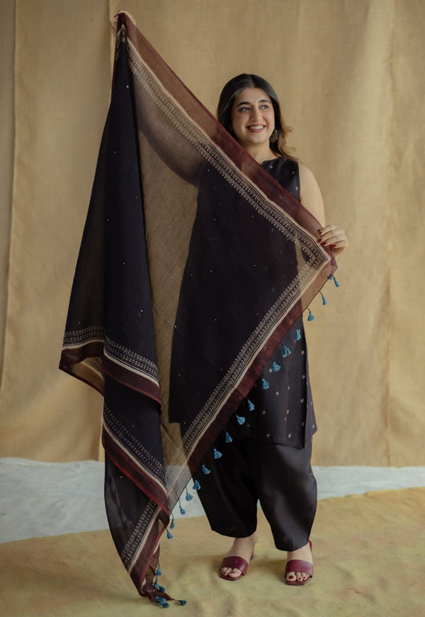 Black Ajrakh Chanderi Silk Dupatta with Embroidery