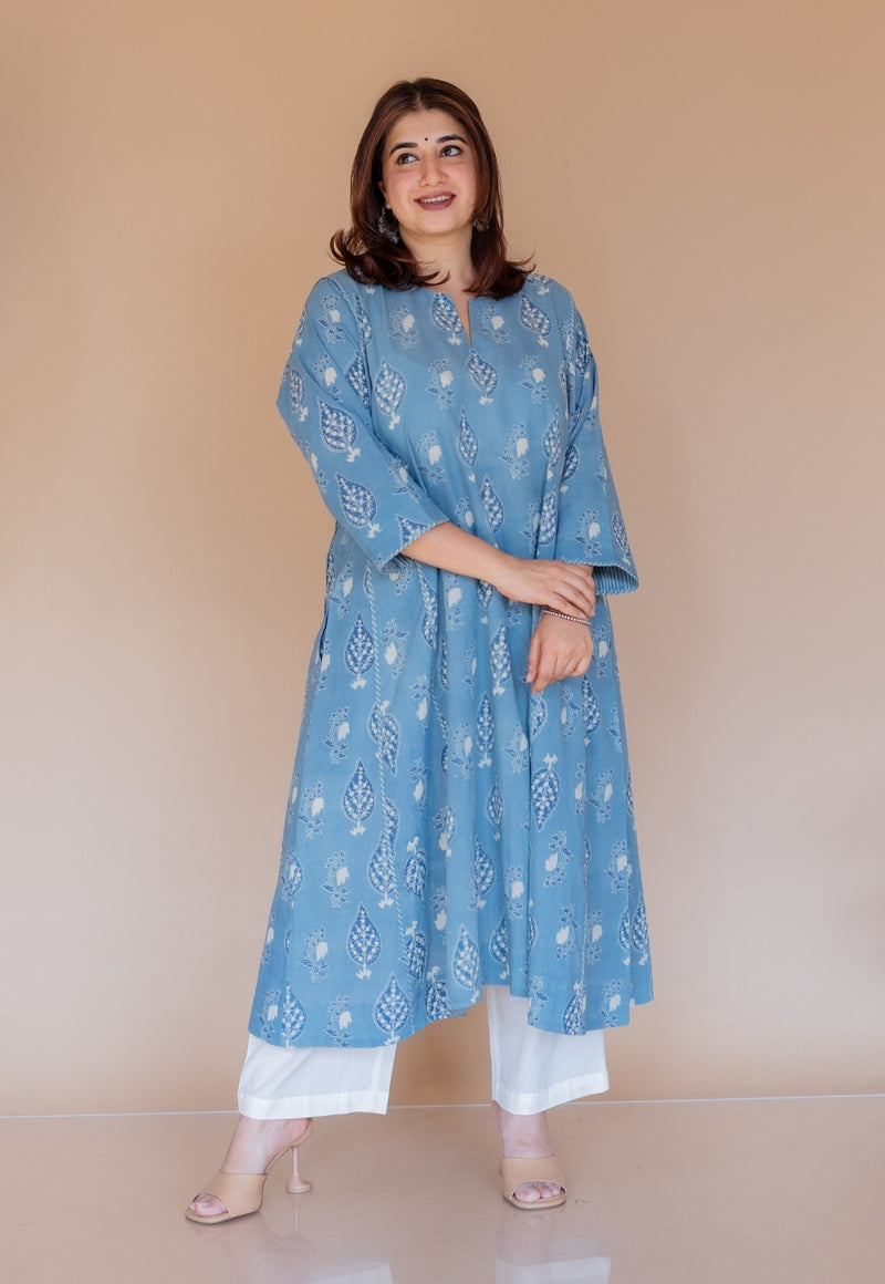 Aashi Blue Ajrakh Cotton Jhabbha Kali Kurta