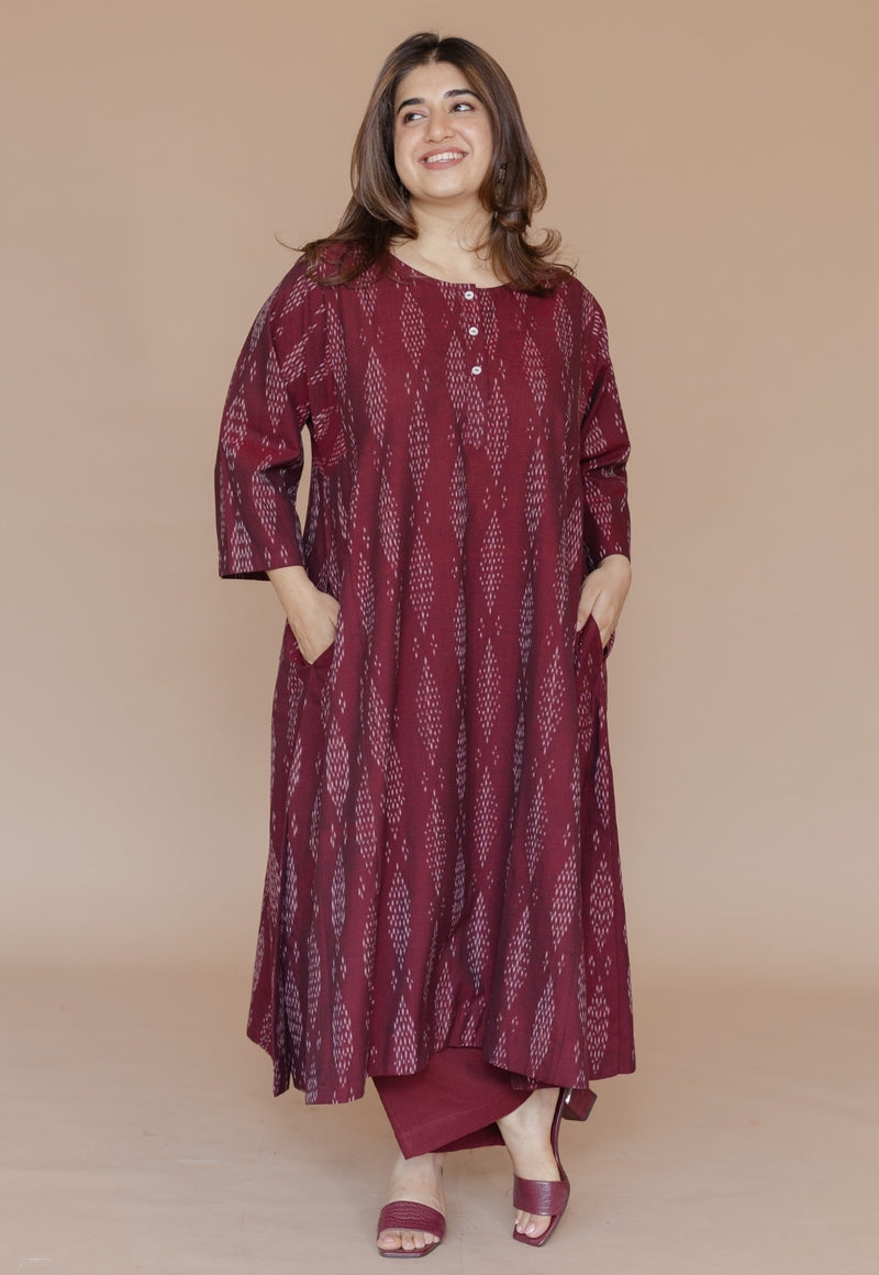 Alizah Red Handloom Ikkat Cotton Jhabbha Kali Kurta