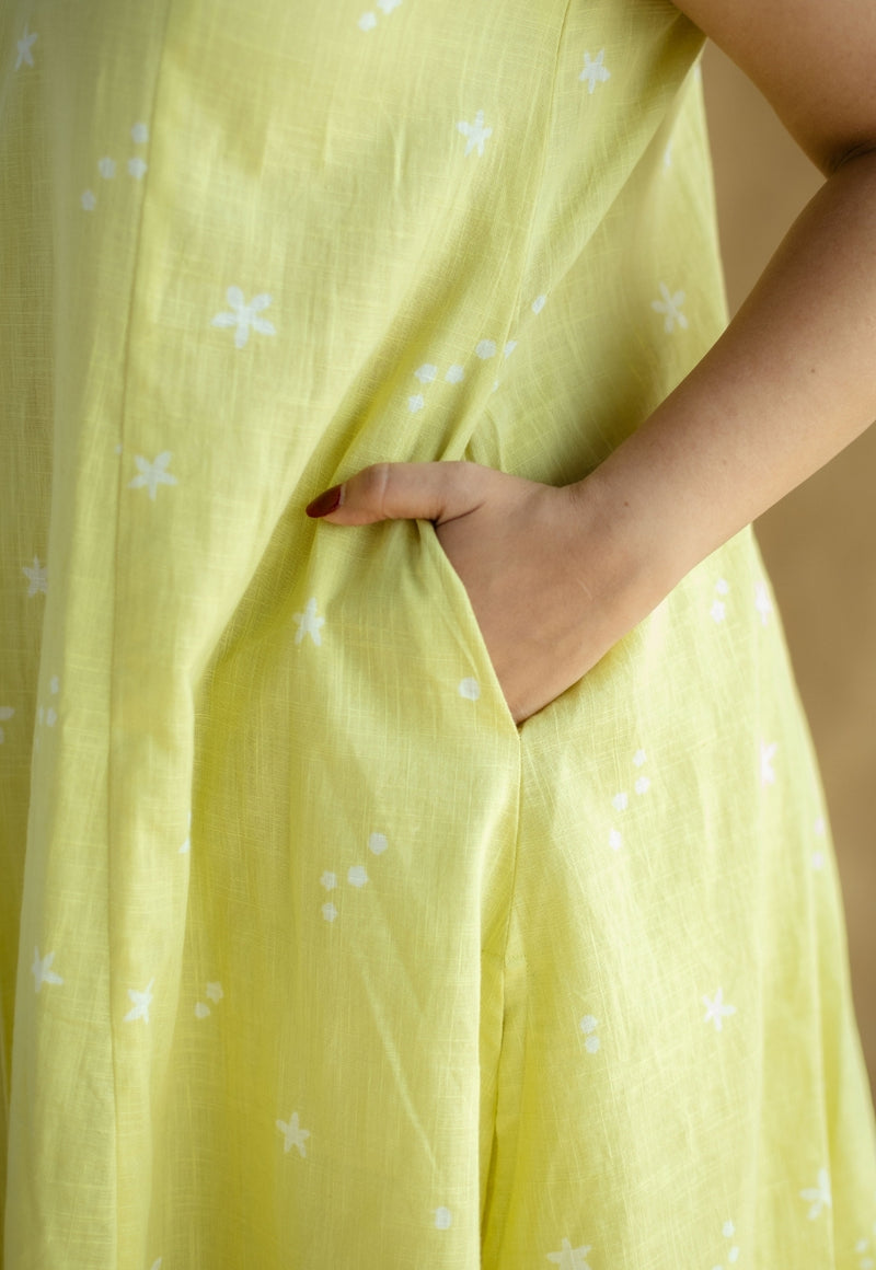 Raahi Lime Green Hand Block Print Slub Cotton A Line Co-Ord Set