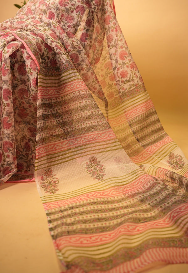 Pink Floral Sanganeri Hand Block Print Kota Doria Saree