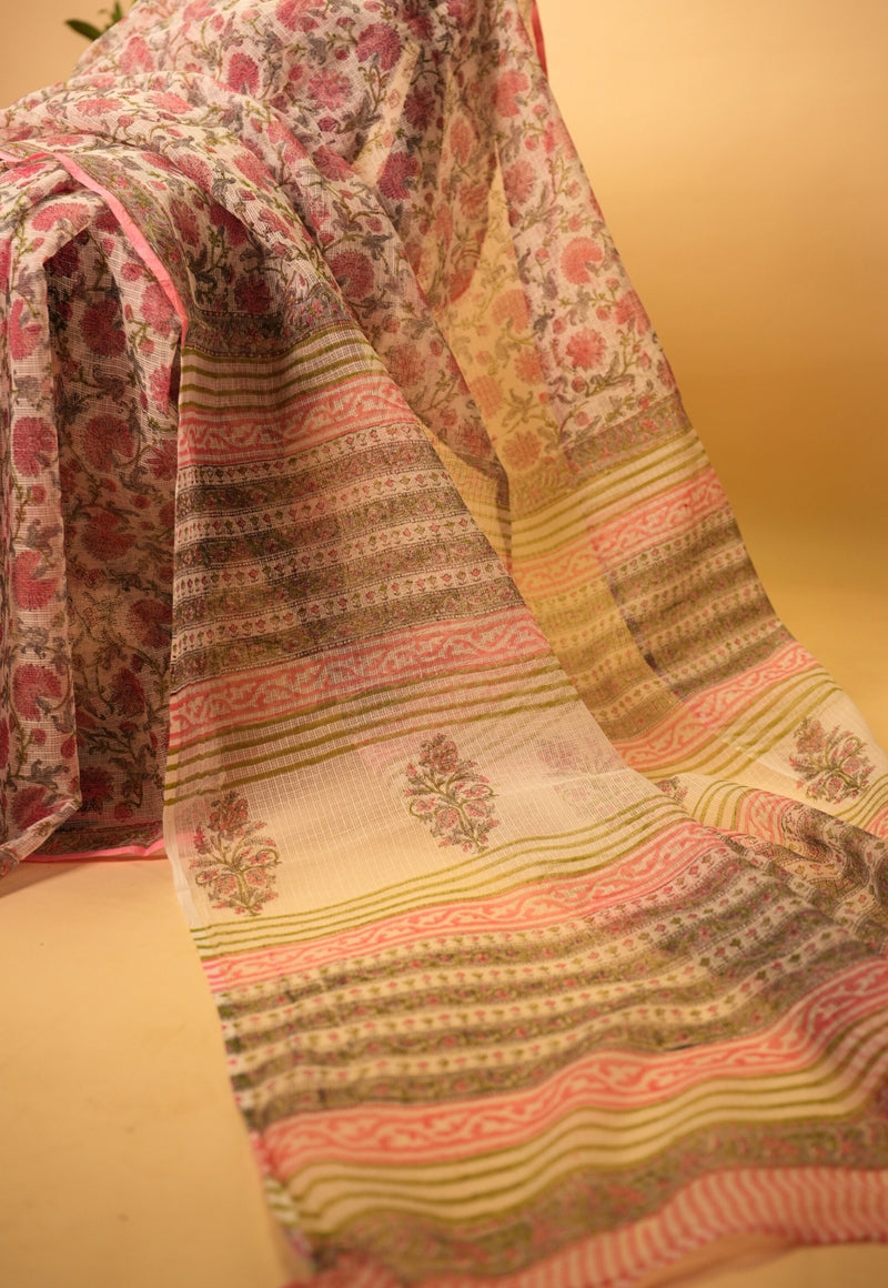 Pink Floral Sanganeri Hand Block Print Kota Doria Saree