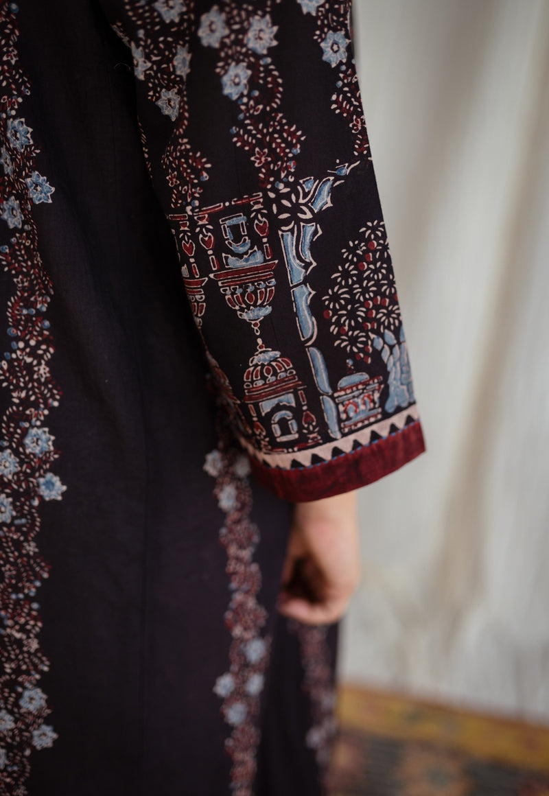 Raziya Ajrakh Cotton Hand Embroidered Kali Kurta