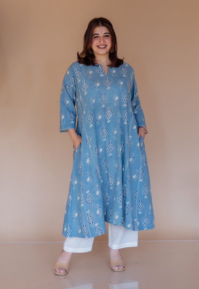 Aashi Blue Ajrakh Cotton Jhabbha Kali Kurta