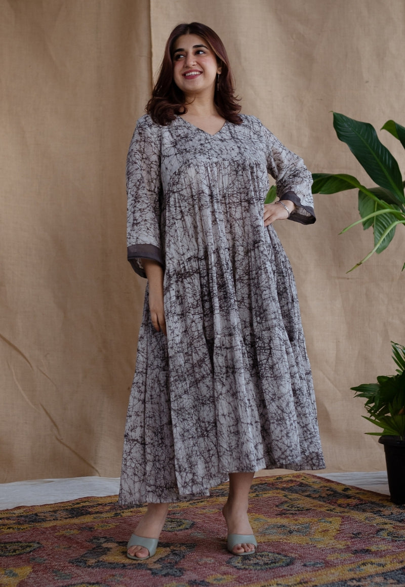 Anayat Charcoal Batik MulMul Cotton A Line Dress