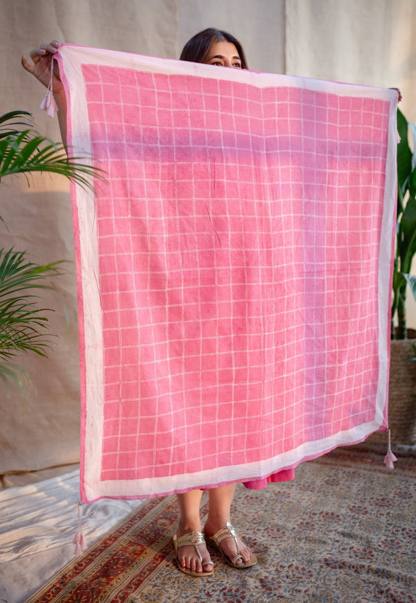 Ruhee Pink Checks Dabu Mul Cotton Scarf