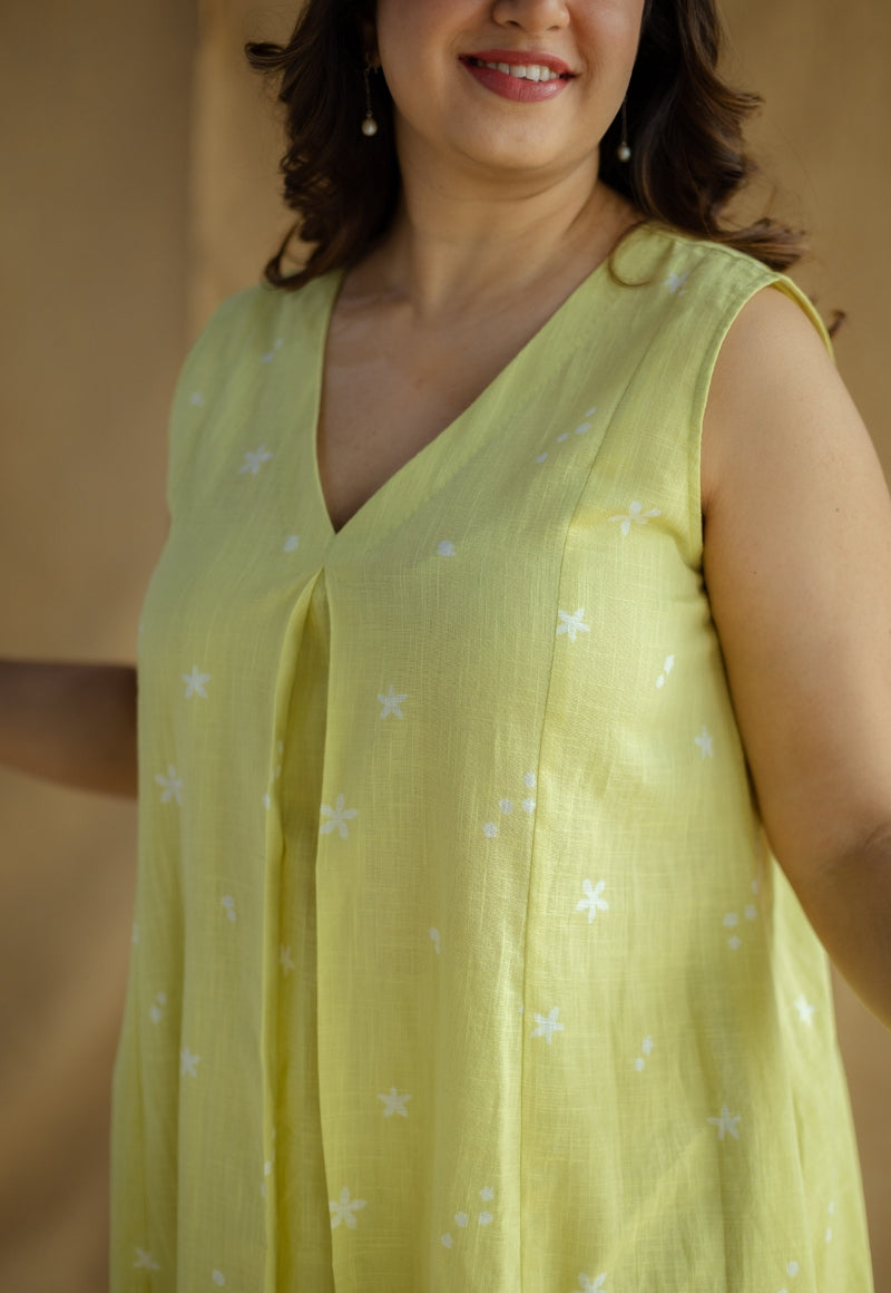 Raahi Lime Green Hand Block Print Slub Cotton A Line Co-Ord Set