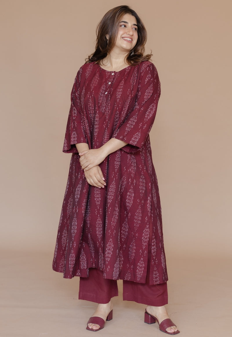 Alizah Red Handloom Ikkat Cotton Jhabbha Kali Kurta