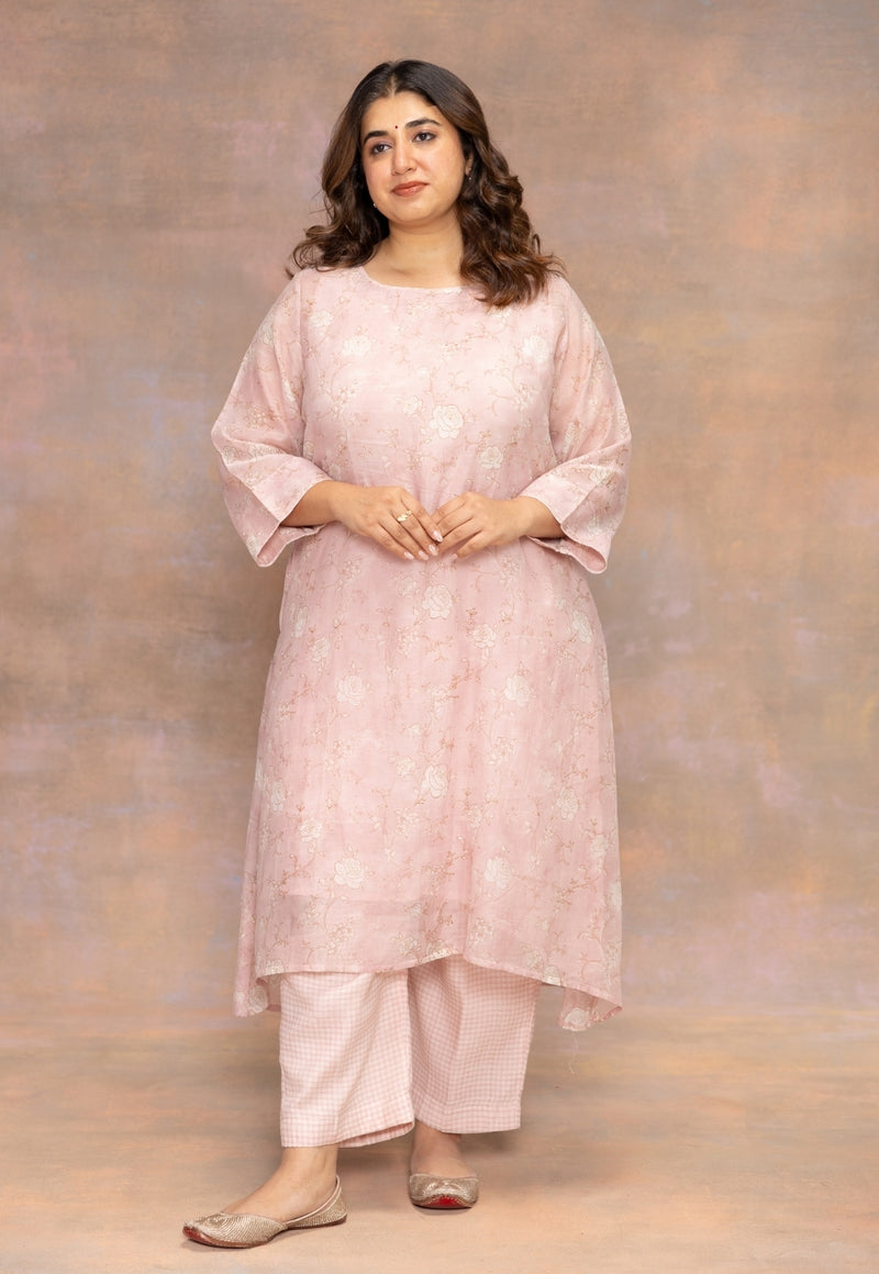 Rose Pink Sanganeri Chanderi Silk A Line Kurta with Mukaish Detailing