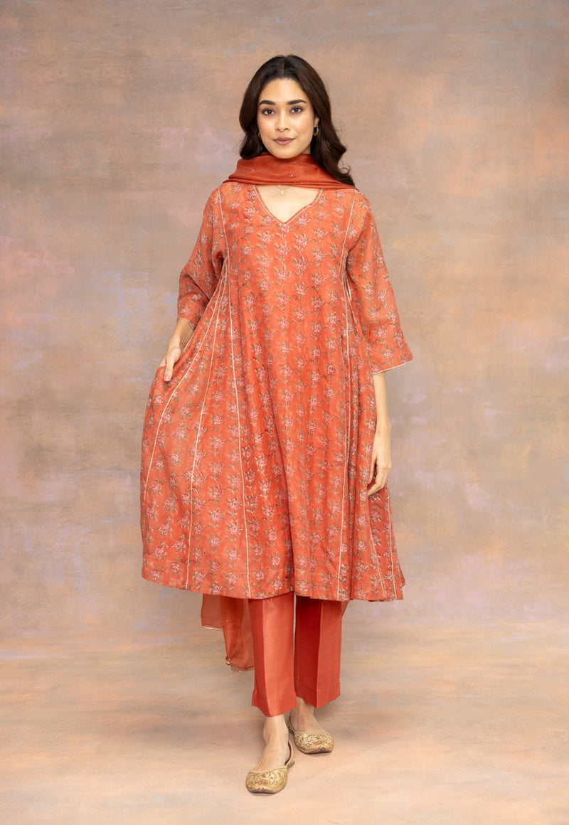 Rosa Orange Sanganeri Chanderi Silk Kali Kurta with Lace Detailing and Slip