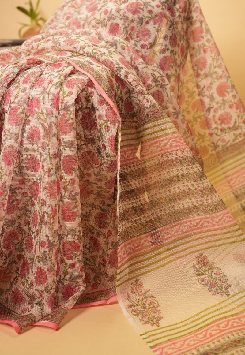 Pink Floral Sanganeri Hand Block Print Kota Doria Saree