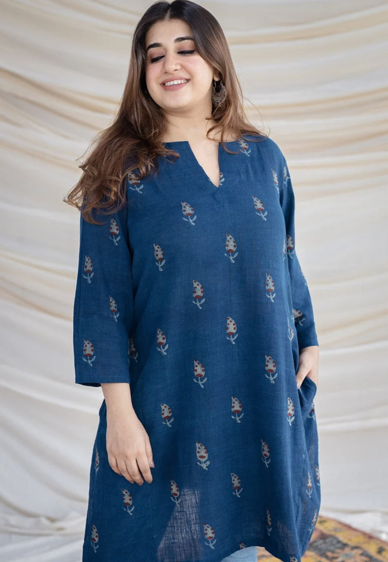 Hitanshi Slub Cotton Indigo Short Kurta