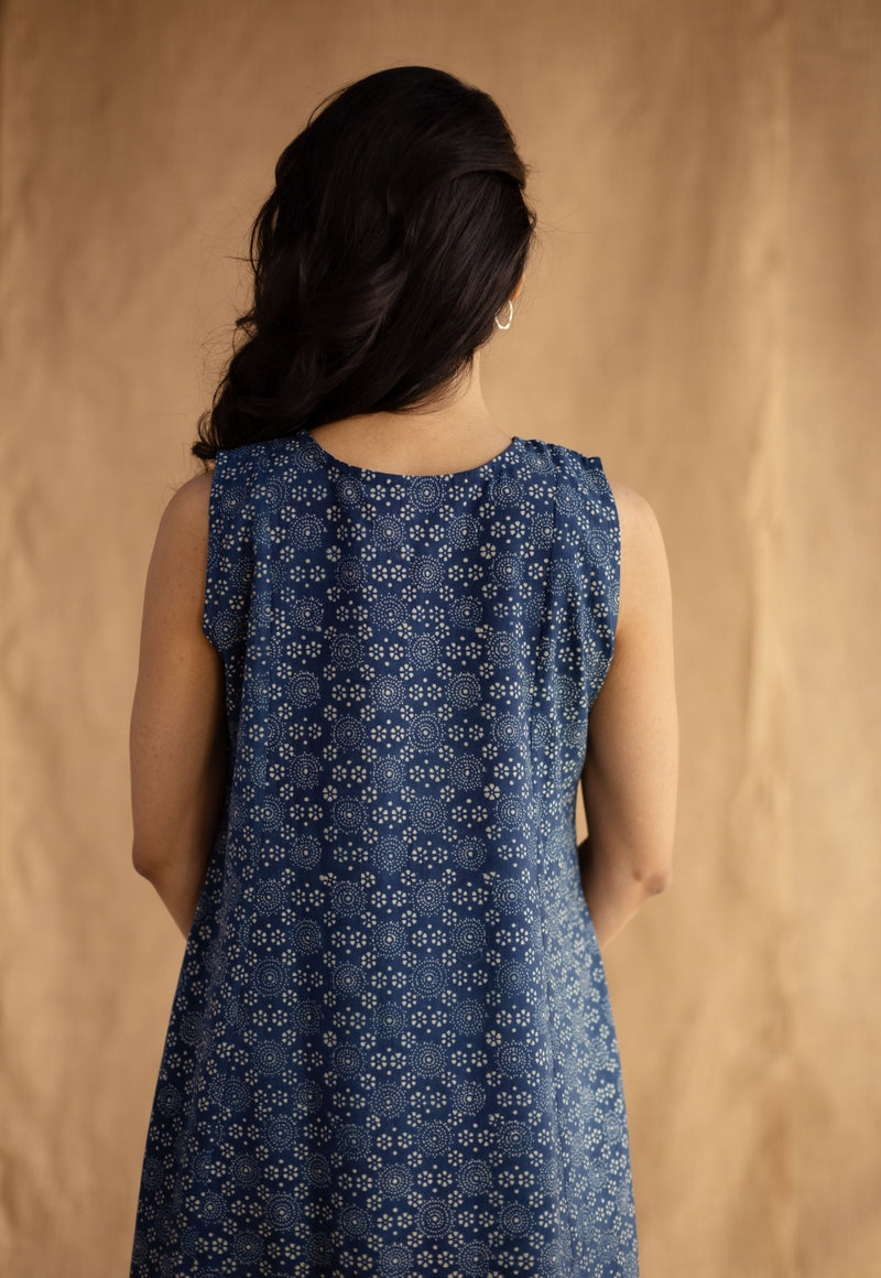 Nafrin Indigo Ajrakh Cotton A Line Dress