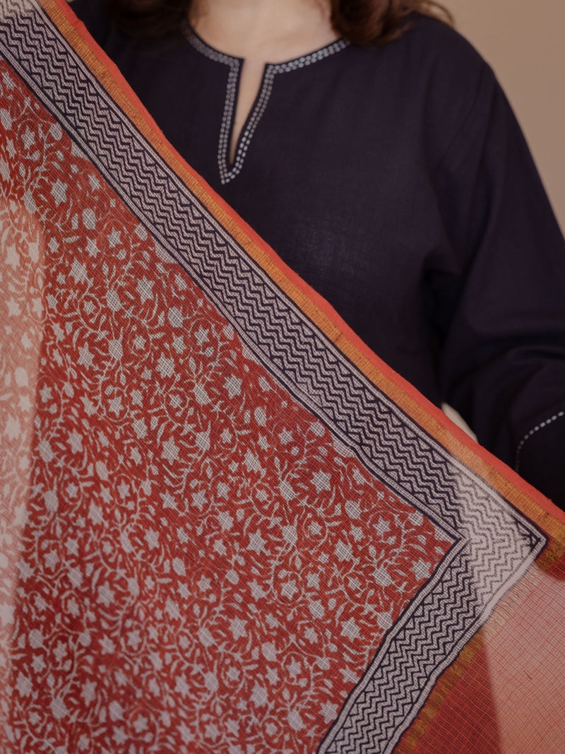 Red Jaal Bagru Kota Doria Cotton Dupatta