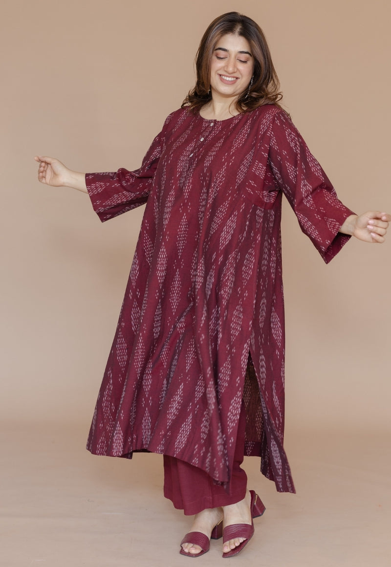 Alizah Red Handloom Ikkat Cotton Jhabbha Kali Kurta