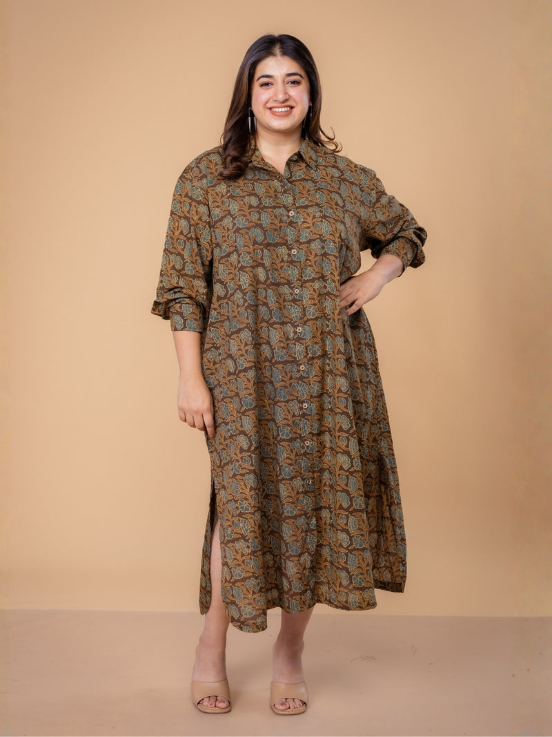 Samiyah Brown Ajrakh Cotton Shirt Dress