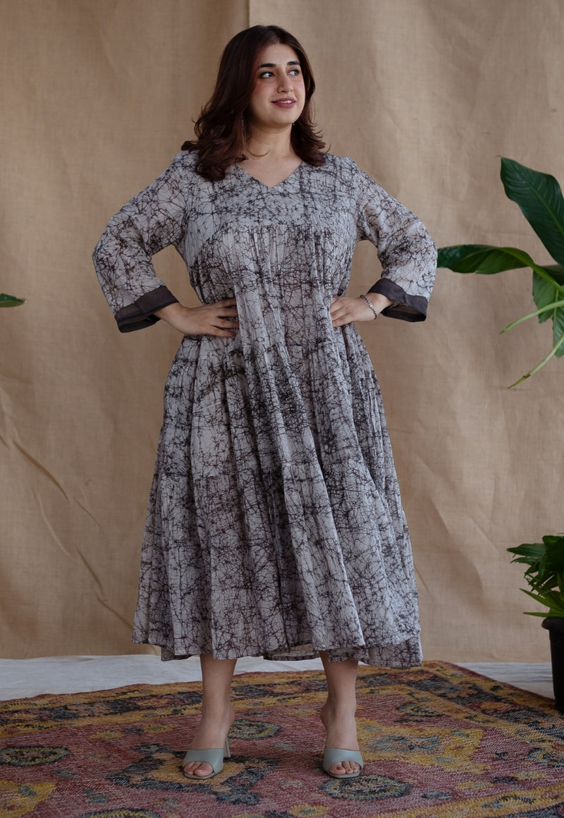 Anayat Charcoal Batik MulMul Cotton A Line Dress