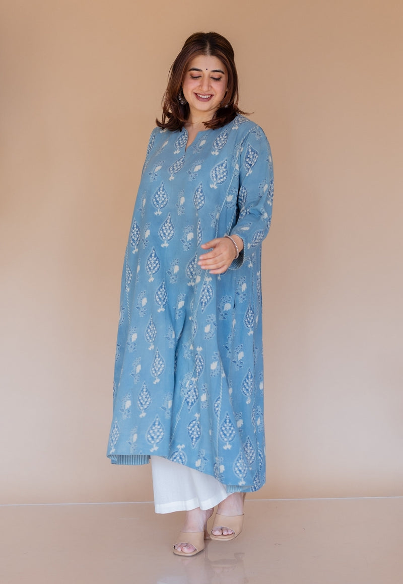 Aashi Blue Ajrakh Cotton Jhabbha Kali Kurta