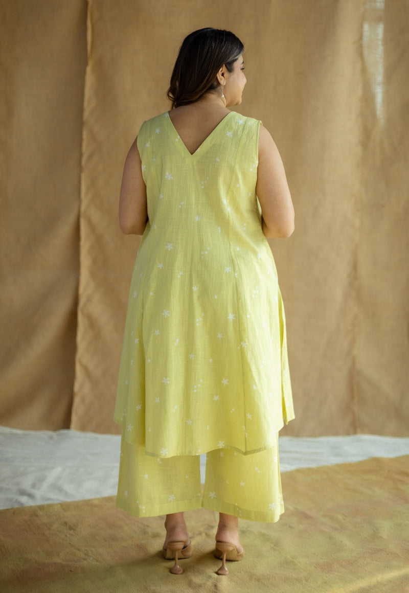 Raahi Lime Green Hand Block Print Slub Cotton A Line Co-Ord Set