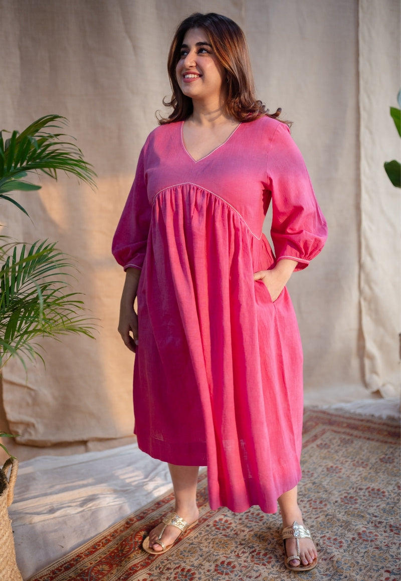 Jenifa Pink A Line Slub Cotton Dress with Embroidery