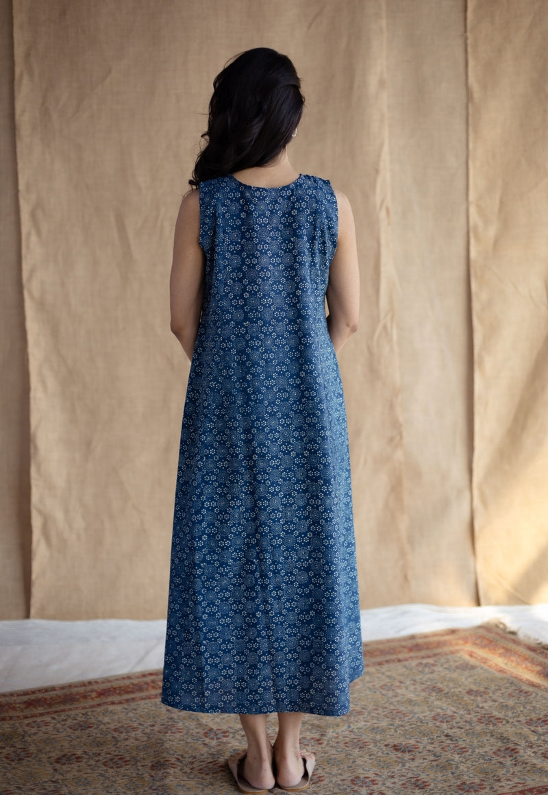 Nafrin Indigo Ajrakh Cotton A Line Dress